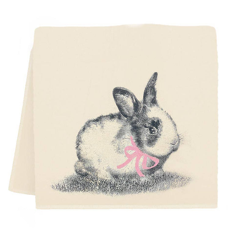 Eric & Christopher - Easter Bunny Tea Towel featuring a sketched rabbit with a pink bow, perfect for Easter gifting, made from pre-shrunk cotton.