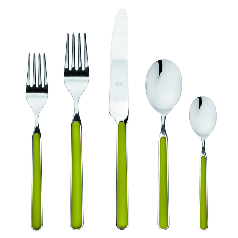 Mepra SPA - Place Set 5 Pcs Fantasia: New Coral features elegant silverware with green handles, showcasing high-quality Italian craftsmanship in durable stainless steel and resin.