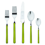 Mepra SPA - Place Set 5 Pcs Fantasia: Turtle-dove, featuring elegant silverware with green handles, crafted from 18/10 stainless steel and resin, highlighting durability and timeless design.
