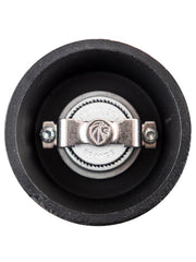 Peugeot | Bali Cast Iron Pepper Mill, Black, showcasing its intricate grinding mechanism with a central adjustment knob featuring a lion logo and France inscription.