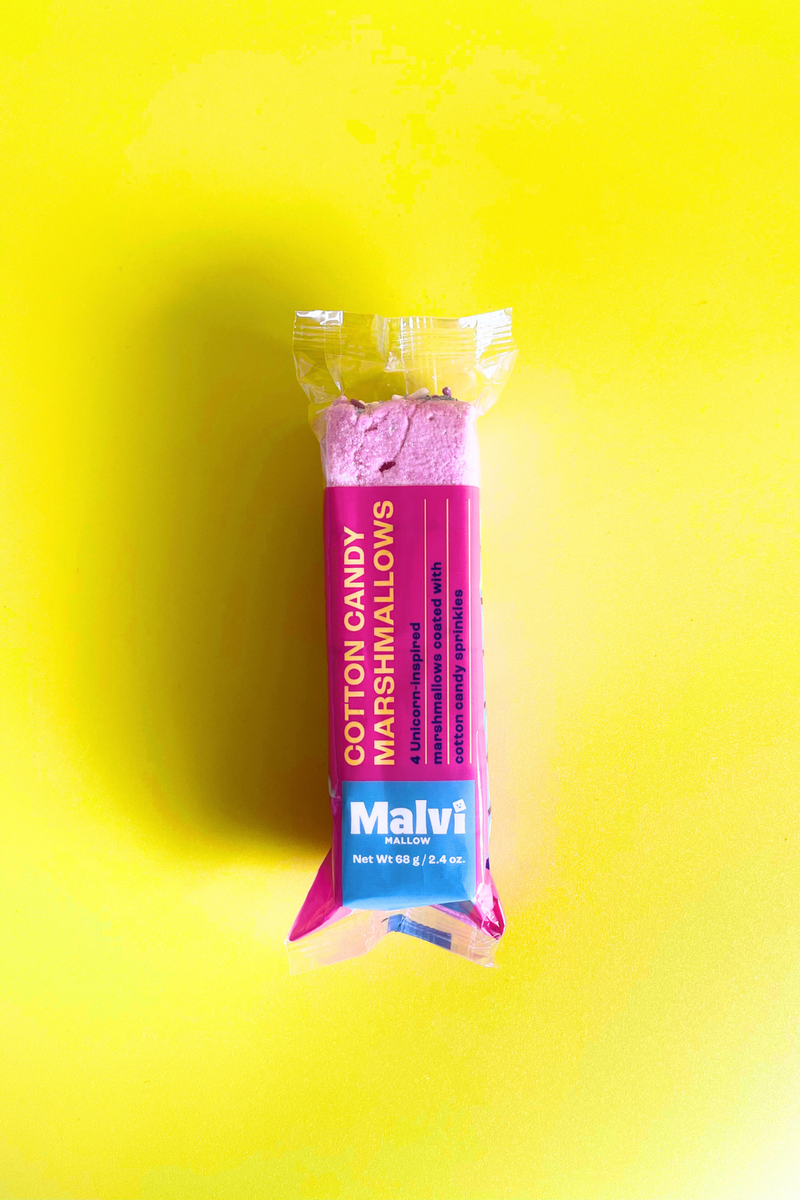 Malvi Mallow - Cotton Candy 4-Pack Marshmallows: Unicorn-inspired marshmallows with cotton-candy sprinkles, perfect for adding sweetness to treats. Case of 12 packs.