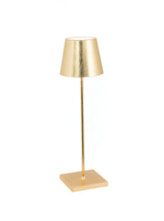 Zafferano America - Poldina Pro Cordless Lamp: A sleek gold table lamp with a square base and conical shade, perfect for modern, versatile lighting solutions.