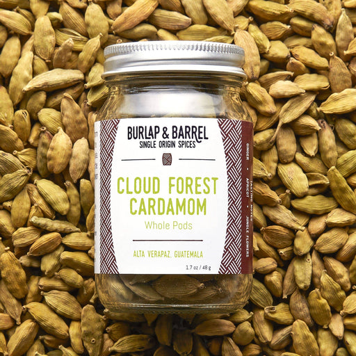 Burlap & Barrel - Cloud Forest Cardamom - Single Origin Spice & Seasoning: 1.7 oz glass jar of whole cardamom pods from Alta Verapaz, Guatemala, resting on more pods.