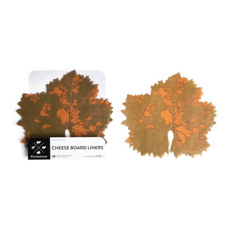Formaticum | Cheese Board Liners - Large, featuring a close-up of a wax-coated parchment paper with a grape leaf print, ideal for elegant culinary presentations.
