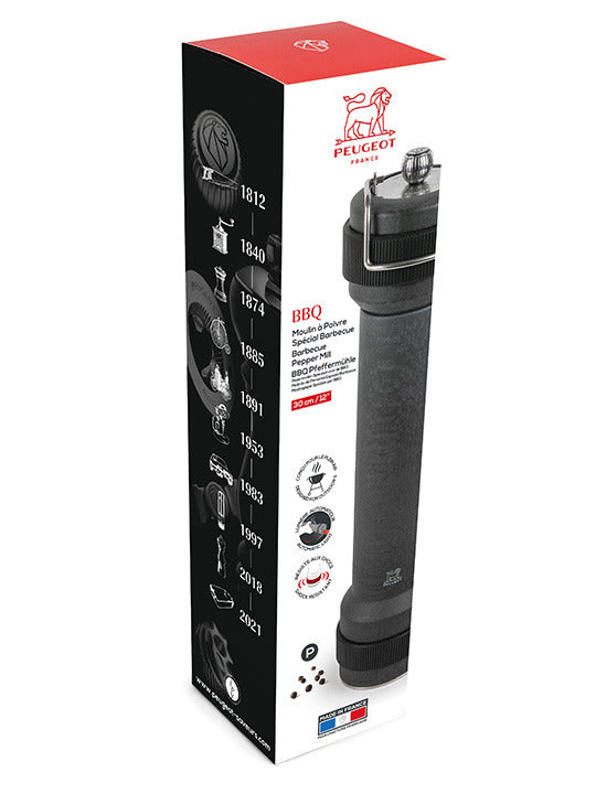 Peugeot | BBQ Pepper Mill Graphite, 12 inches, features a manual grinder with adjustable coarseness and built-in LED light, ideal for outdoor cooking enthusiasts.