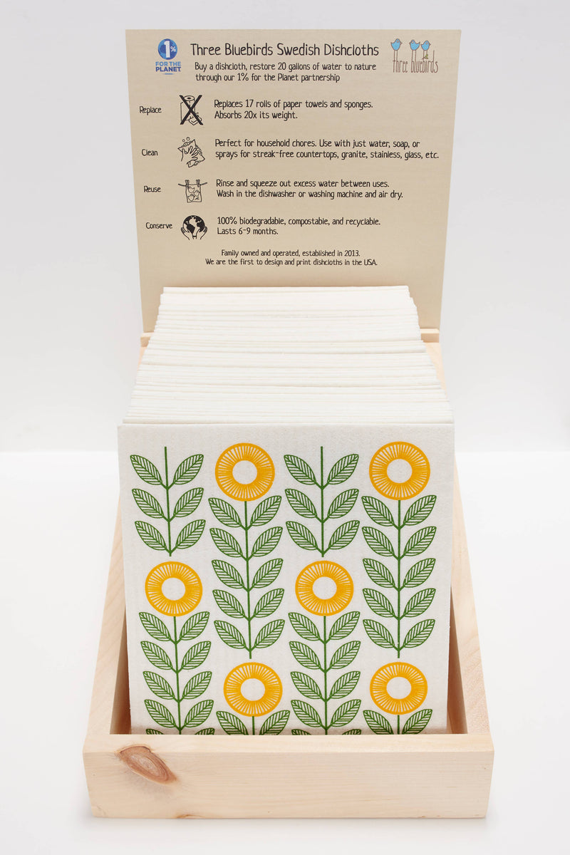 Three Bluebirds Swedish Dishcloths - Flower Pots on White, featuring floral pattern, absorbent and eco-friendly, ideal for sustainable kitchen cleaning. Includes display box and free sign.