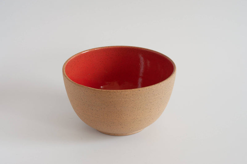 RachaelPots - Salad Serving Bowl: Nude/Sage, featuring a speckled beige exterior and glossy red interior, ideal for serving, handmade in Brooklyn.