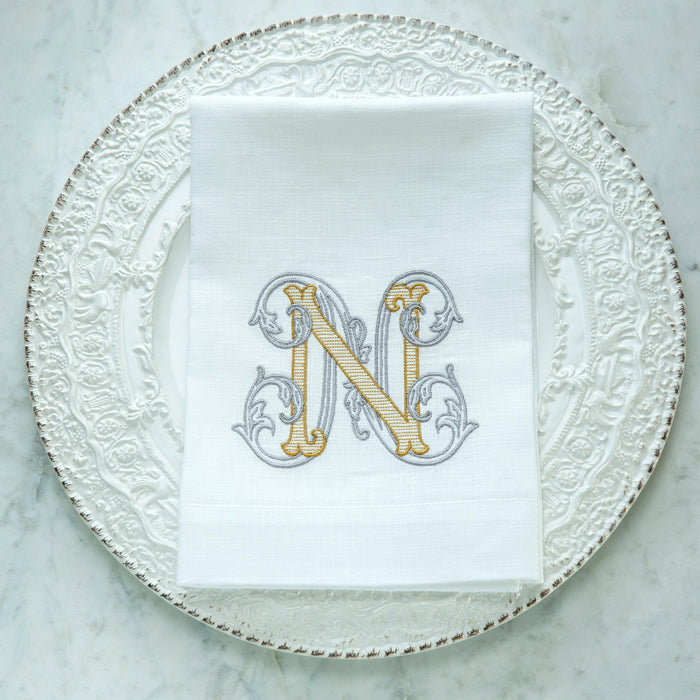 Crown Linen Designs | Vintage Vine Monogram Tri-Fold Napkin.