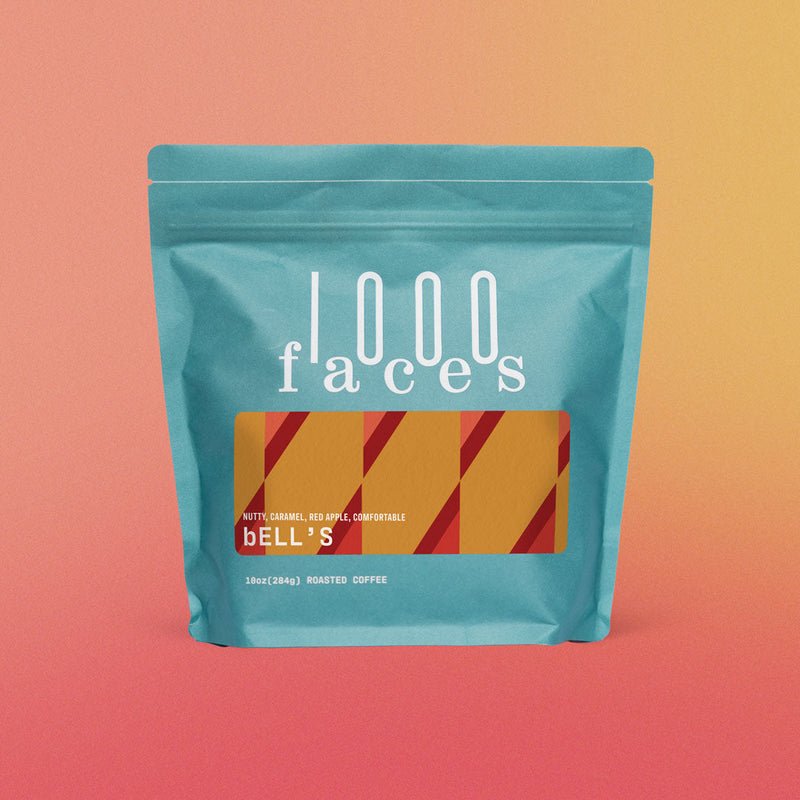 1000 Faces Coffee | bell's 5 lb. Wholesale bag with a distinctive red and yellow label, perfect for bulk purchase at Athens Cooks.