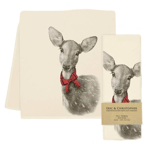 Eric & Christopher - Fawn with Bow Tea Towel featuring a detailed fawn sketch; one towel flat, one folded with brand band, showcasing quality craftsmanship.