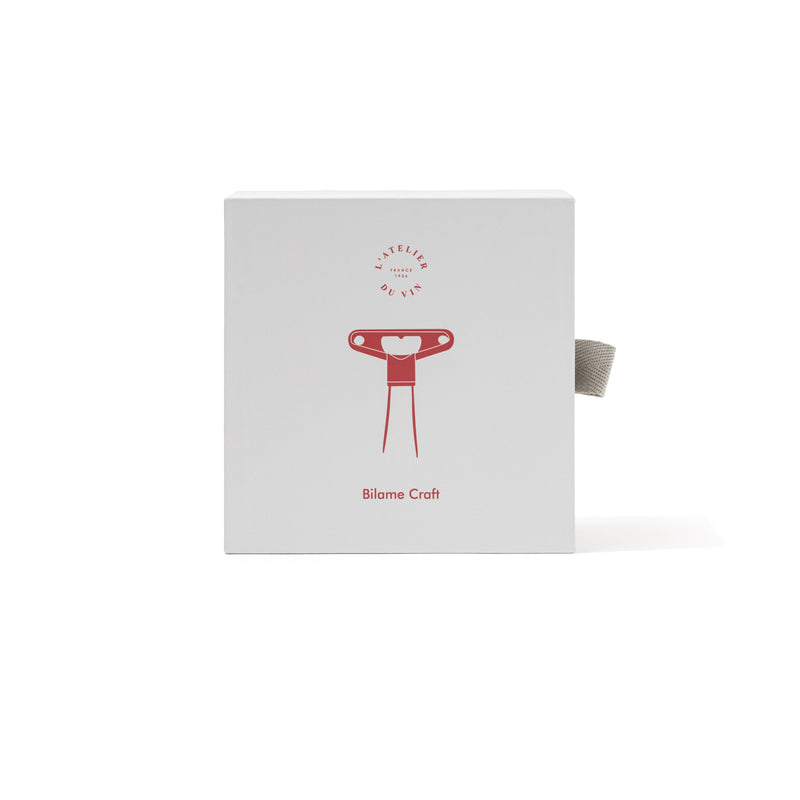 L'Atelier du Vin - USA - Twin Blade Wine Opener - BILAME CRAFT in a sleek gift box, featuring a red logo and corkscrew illustration.
