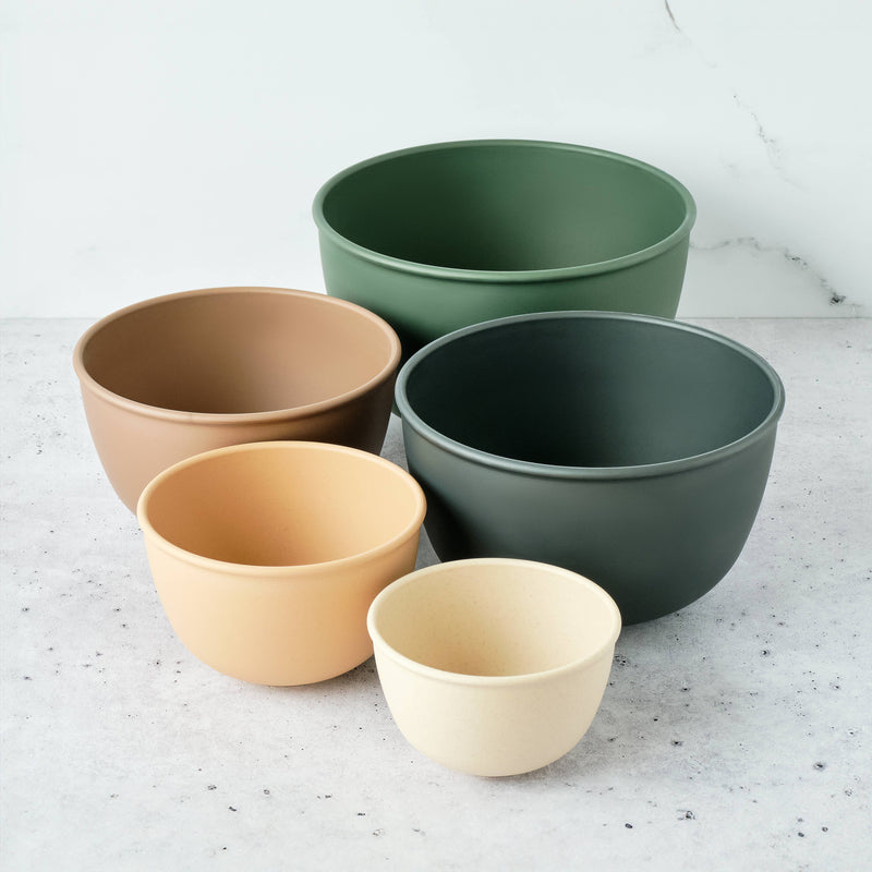 Bamboozle - 5-Piece Astrik Mixing Bowl Set: Fresh Guacamole, featuring eco-friendly, plant-based bowls in various sizes, displayed on a kitchen counter.