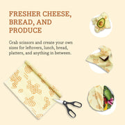 Bee's Wrap - Cut-to-Size Roll - Meadow Magic, Plant-Based Wax: Reusable beeswax wrap with honeycomb pattern, shown being cut and used on avocado, cheese, and produce bowl.