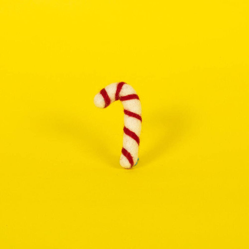 Ware of the Dog - Wool Candy Cane Cat Toy: A felt ornament shaped like a candy cane, filled with catnip, crafted by artisans in Nepal.
