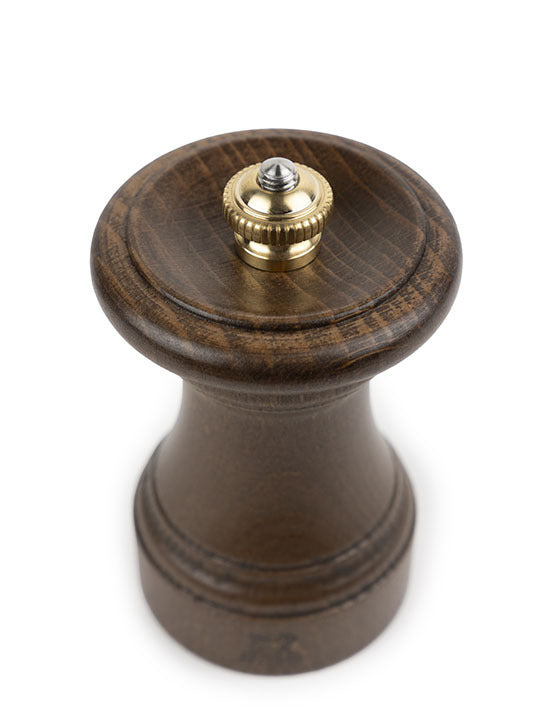 Peugeot | 1874 Manual Wooden Salt Mill, 4 inches, showcasing dark-stained wood and metal knob, highlighting timeless craftsmanship.