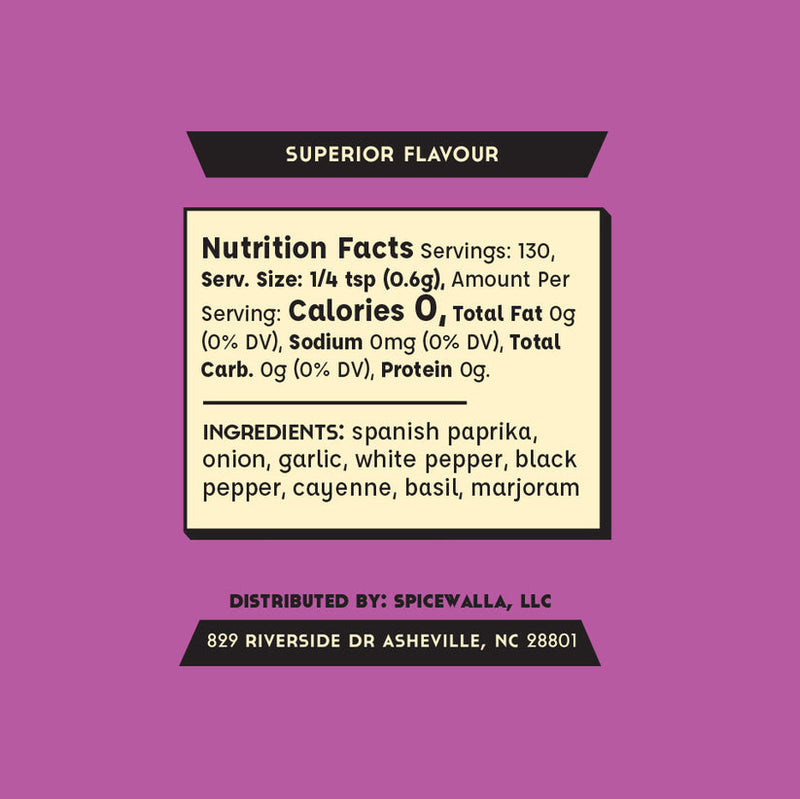 Spicewalla | Blackening Rub label displaying nutrition facts and ingredients like Spanish paprika, ideal for crispy, smoky dishes. Distributed by Spicewalla, Asheville, NC.