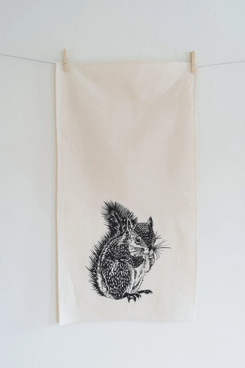 Hearth and Harrow | Organic Cotton Squirrel Tea Towel in Green -Woodland Animal