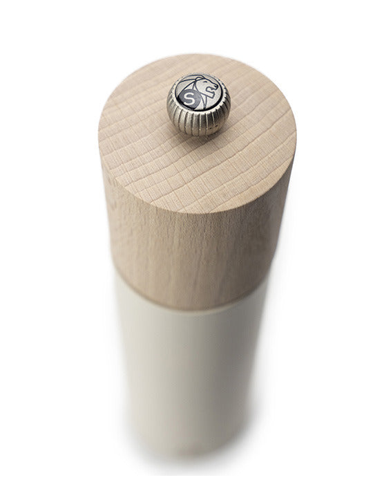 Peugeot | Boreal Salt Mill, Feather White: A sleek, French-made manual salt grinder with a light-wood top and adjustable stainless steel mechanism, ideal for distinguishing salt from pepper.
