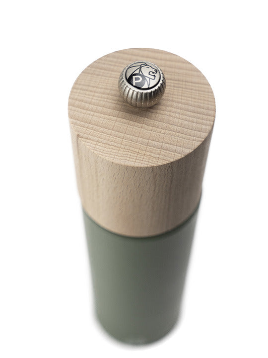 Peugeot | Boreal Pepper Mill, Fern Green, featuring a natural wood top and adjustable metal knob, ideal for refined seasoning in any kitchen.