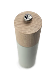 Peugeot | Boreal Salt Mills, Sage Green with beech-wood top and adjustable metal knob, featuring Peugeot's lion logo, perfect for fine or coarse salt grinding.