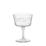 Bormioli | Novecento Liberty Fizz Cocktail Glasses, Set of 2, featuring a wide, shallow bowl with etched scroll pattern, ideal for cocktails or desserts.