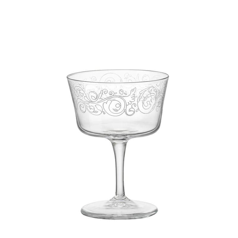 Bormioli | Novecento Liberty Fizz Cocktail Glasses, Set of 2, featuring a wide, shallow bowl with etched scroll pattern, ideal for cocktails or desserts.