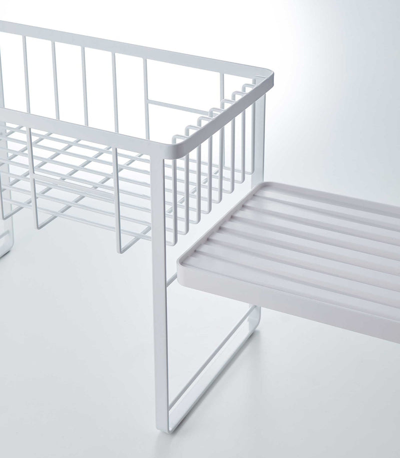 Yamazaki Home | Two-Tier Dish Rack, White: Minimalist white metal rack with two levels and a removable tray, ideal for maximizing kitchen drying space.