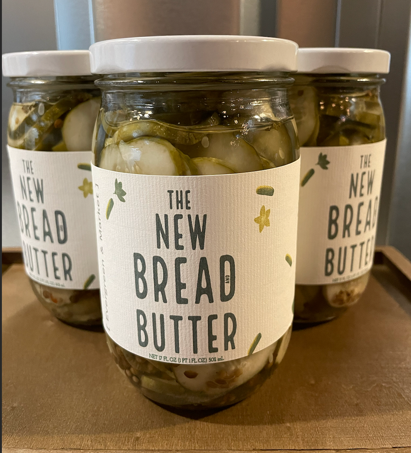 [PICKLES] by Evergreen and Market - The Bread and Butter: Three jars of sliced bread-and-butter pickles, offering a unique blend of mild spicy, sweet, and sour flavors.