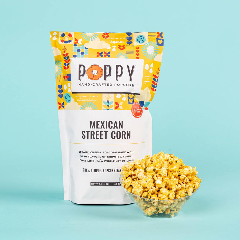 Poppy Hand-Crafted Popcorn - Mexican Street Corn Popcorn, featuring a bag and bowl of flavorful, cheesy popcorn, perfect for lively snacking.