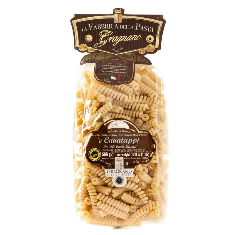 Zia Pia - Cavatappi by La Fabbrica della Pasta: 500g bag of corkscrew-shaped pasta, crafted in Gragnano from durum wheat semolina, ideal for sauces and casseroles.