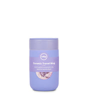 W&P - Ceramic Reusable Coffee Mug 16oz: Charcoal, featuring a purple silicone sleeve with terrazzo pattern, text label visible.