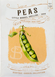 Bentley Seed Co. - Peas-Little Marvel Shelling 1900 vintage-style packet, heirloom, non-GMO, features artwork of an open pea pod with six peas, priced at $3.99.