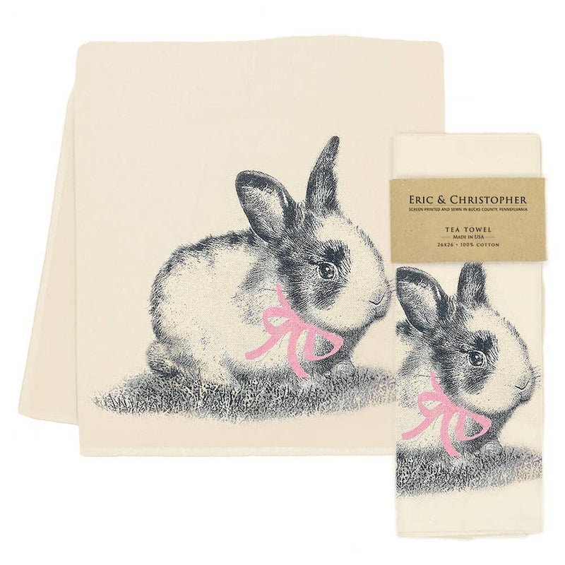 Eric & Christopher - Easter Bunny Tea Towel featuring a cute rabbit illustration with a pink ribbon, perfect for gifting during Easter celebrations.