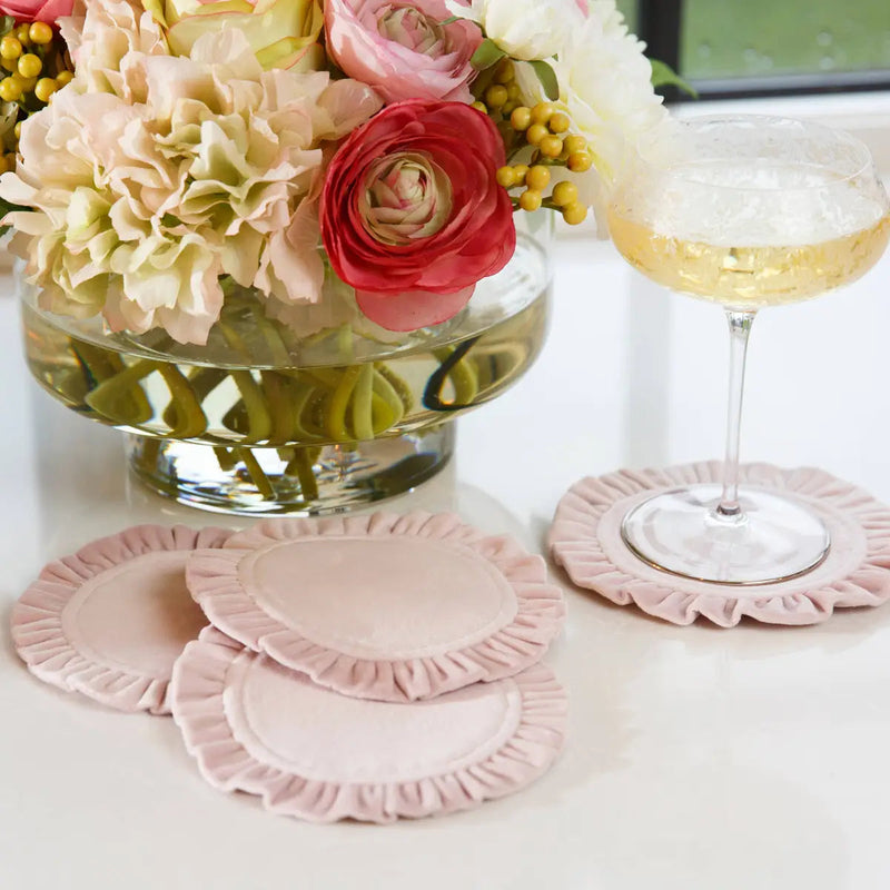 Arte Italica & Crown Linen Designs | Round Ruffle Coaster Set (4), Velvet Red