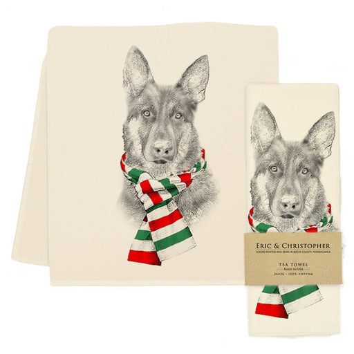 Eric & Christopher - German Shepherd with Red Scarf Tea Towel, featuring a detailed dog portrait on cream cotton, showcasing winter style, crafted in Bucks County, PA.