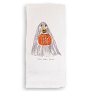 White guest towel featuring a playful dog and pumpkin drawing, blending style and functionality, perfect for adding elegance to home or gifting.