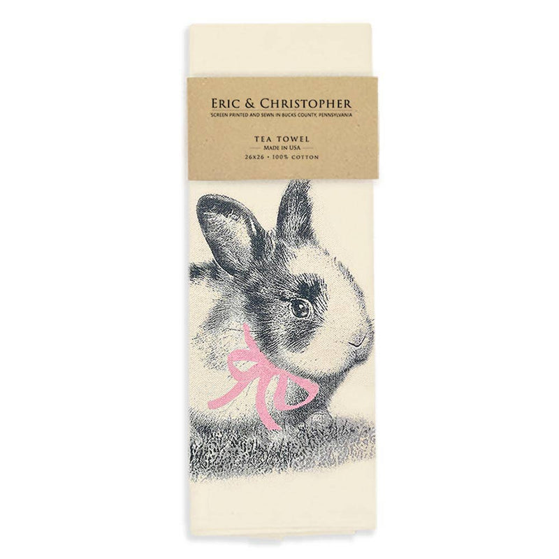 Eric & Christopher - Easter Bunny Tea Towel featuring a rabbit illustration with a pink ribbon, ideal for Easter gifts. Made from 100% pre-shrunk cotton.