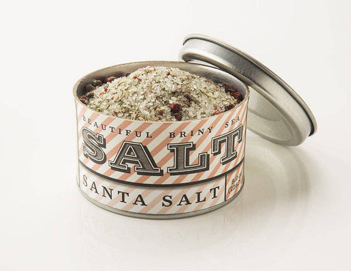 Beautiful Briny Sea - Santa Salt in an open tin, showcasing a coarse sea-salt blend with visible herbs and peppercorns, ideal for enhancing various dishes.