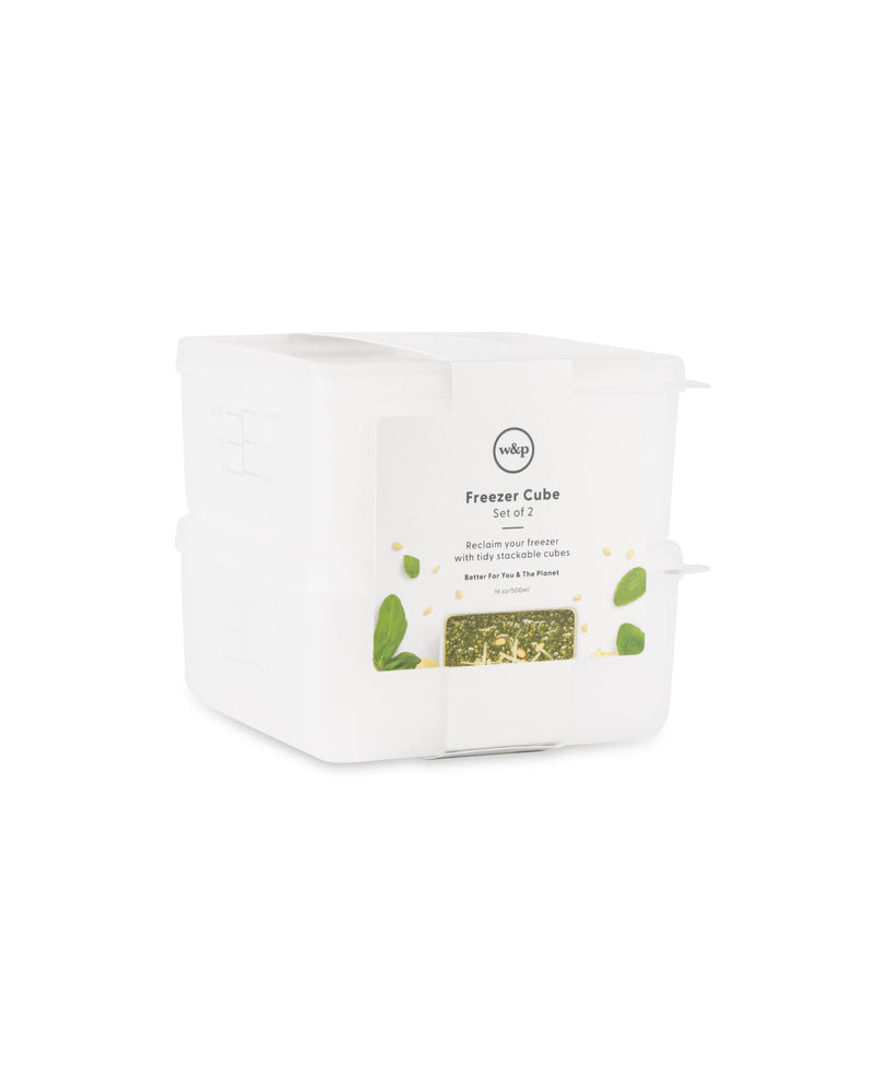 W&P - Freezer Cube Storage Containers: Set of 3 featuring labeled, stackable, and transparent cubes for efficient, sustainable food storage in small, medium, and large sizes.