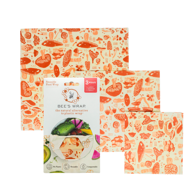 Bee's Wrap - Assorted 3 Pack - Mushroom Magic, Limited Edition features compostable, beeswax-coated wraps with mushroom prints, ideal for eco-friendly food storage in any kitchen.