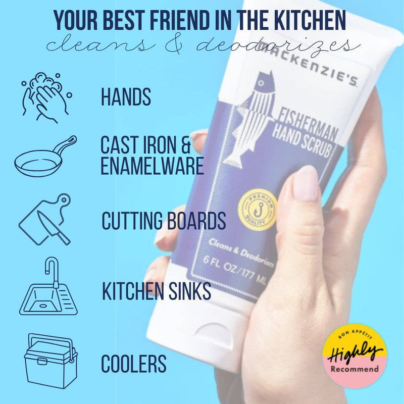 Mackenzie's Fisherman Hand Scrub 6 fl oz, ideal for cleaning hands, cookware, and kitchen tools, endorsed by Bon Appétit, perfect for cooks and gardeners.