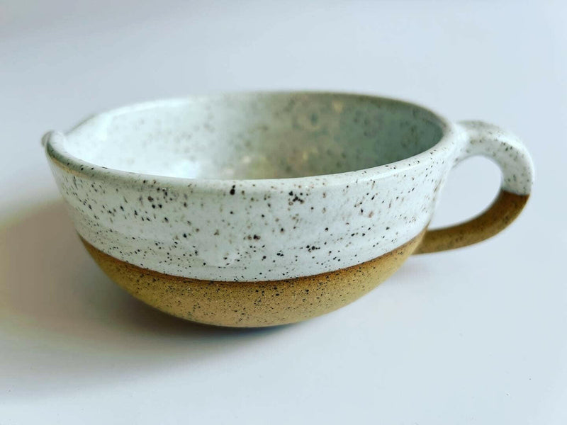 RachaelPots | Salad Dressing Bowl - Nude: Hand-thrown multi-use bowl with garlic scraper, handle, and spout, ideal for dressings or guacamole, crafted in Brooklyn.