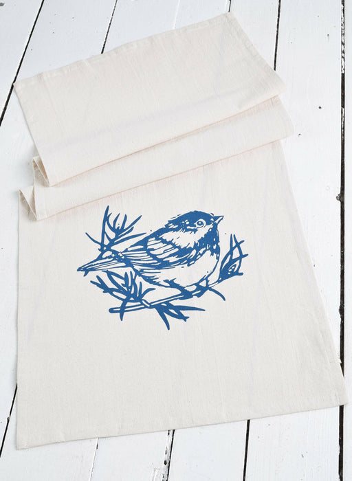 Hearth and Harrow - Organic Cotton Chickadee Tea Towel in Navy Blue.