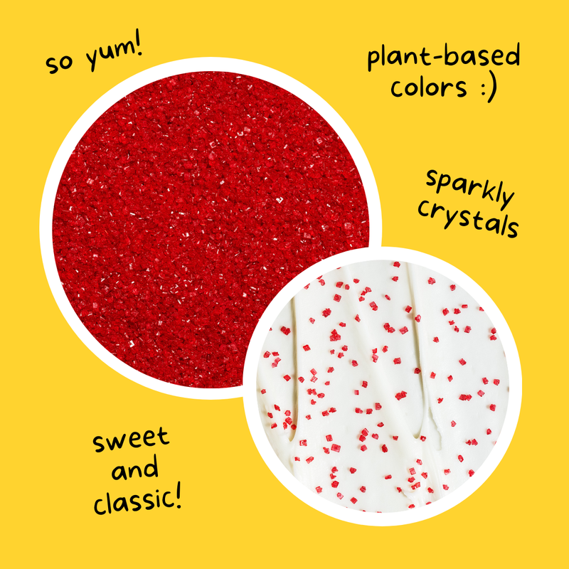 Supernatural - Twinkles Sanding Sugar: Ruby Red, featuring sparkly, plant-based red crystals, perfect for decorating cakes and lattes, shown loose and on white icing.