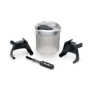 Breville | Smart Grinder Pro, Black Truffle accessories set, includes a clear container, two black stands for portafilters, and a branded cleaning brush.
