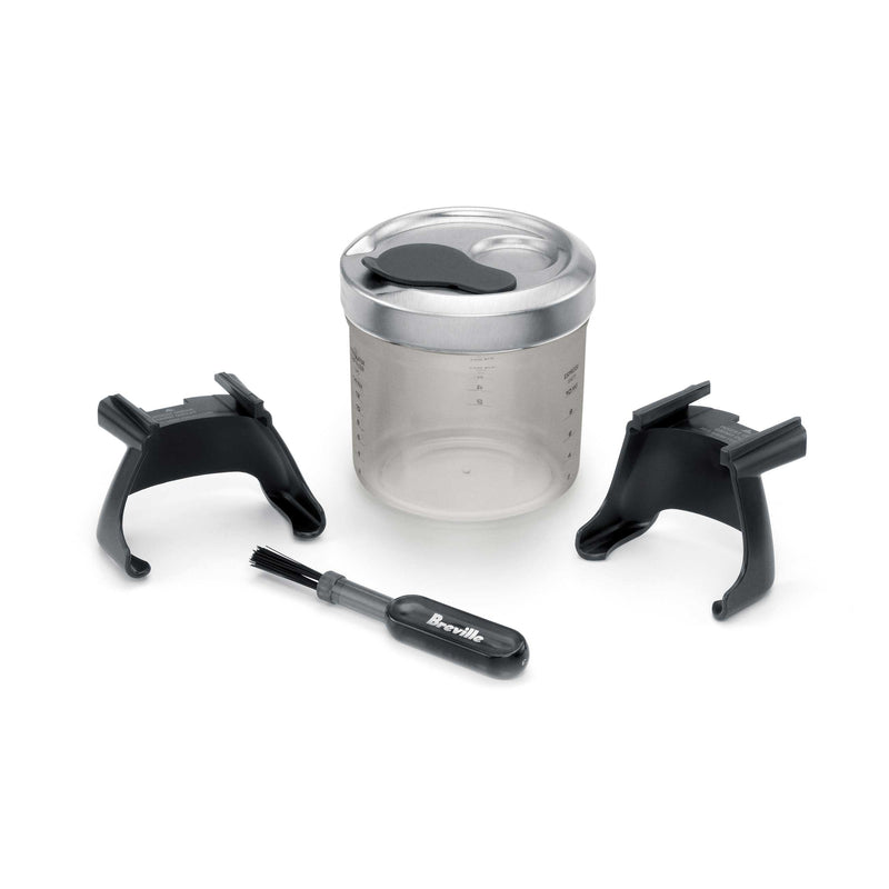 Breville | Smart Grinder Pro, Black Truffle accessories set, includes a clear container, two black stands for portafilters, and a branded cleaning brush.