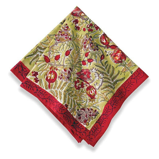 Couleur Nature - Winter Garden Red/Green Napkins, set of 6, featuring a handprinted botanical motif and red border, ideal for festive dining settings.