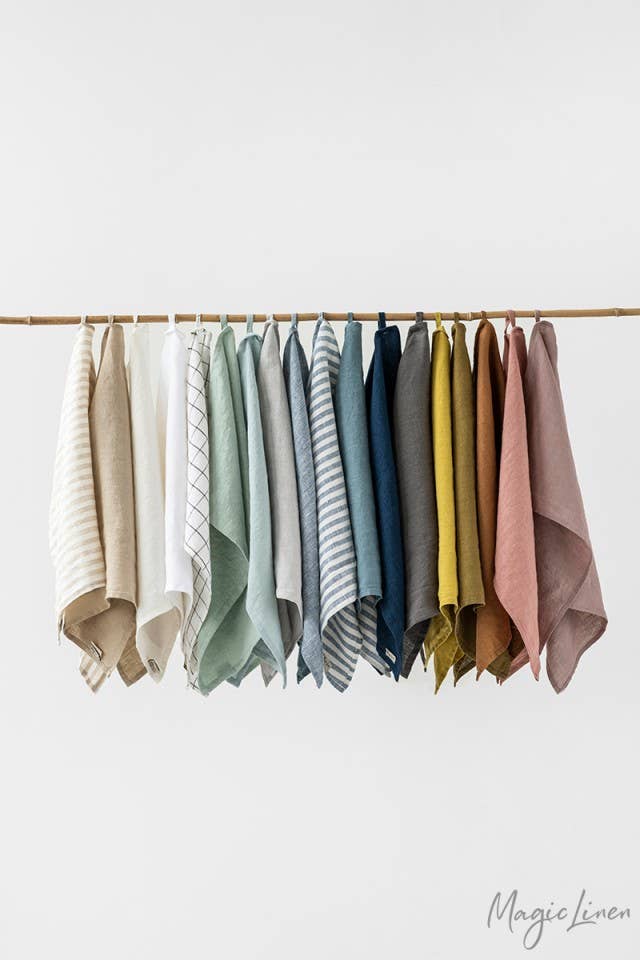 MagicLinen - Linen Tea Towels on a hanger, showcasing high-quality, absorbent, and durable European linen fabric, ideal for kitchen use.