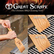 Great Scrape - Woody Nub BBQ Cleaning Tool in use; shows scraping action and before/after results. Ideal bristle-free gift for grill enthusiasts.