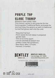 Bentley Seed Co. - Turnip-Purple White Globe 1800's packet back detailing planting instructions, harvest timing, and non-GMO status. Ideal for Athens Cooks' garden enthusiasts.